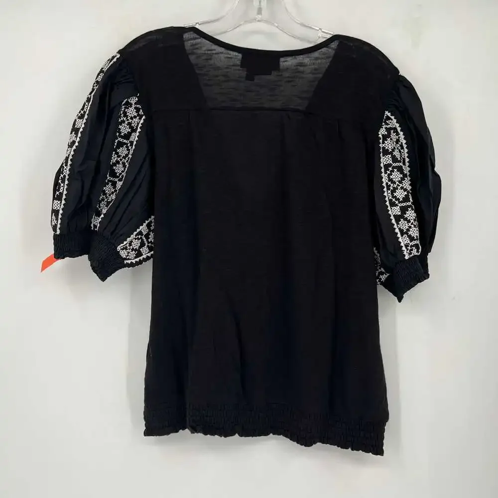 Anthropologie Black V-Neck Blouse With White Print | Women's XL